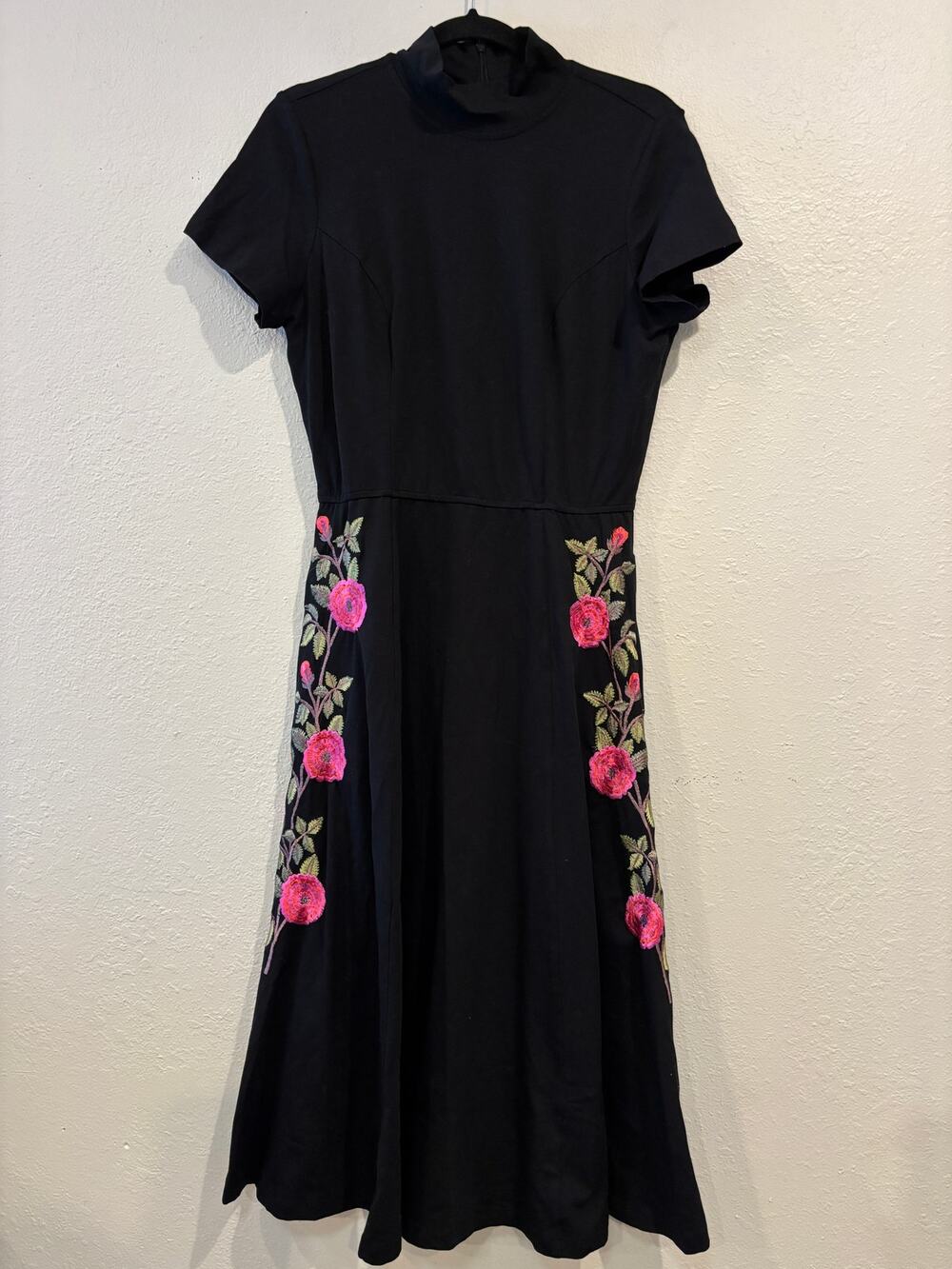 Wayward Fancies eShakti Embroidered Midi Dress Black Pink Roses Size M